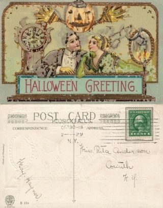 Antique Halloween Postcard - Jack - O - Lantern W/ Romantic Couple