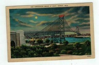 Mi Detroit Michigan Antique Linen Post Card Ambassador Bridge At Night