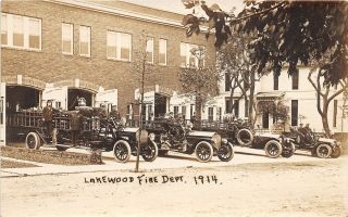 F61/ Lakewood Cleveland Ohio Rppc Postcard C1910 Fire Department Trucks