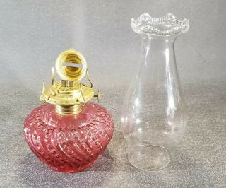 Cranberry Glass Beaded Swirl Oil Lamp With Brass Eagle Burner & Glass Chimney