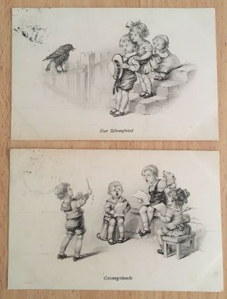 Two Postcards From 1920 Of Children Playing With A Dog And A Crow.
