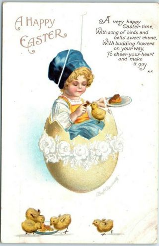 Vintage Artist - Signed Clapsaddle Postcard " A Happy Easter " Boy In Egg C1910s