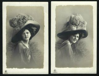 2 X Fashion Women W/ Huge Feather Hat.  Old R.  Photo Postcard Europe Edwardian Era