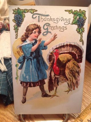Vintage Thanksgiving Postcard Girl In Blue Coat Greeting Turkey Corner Grapes