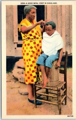 Vintage Black Americana Postcard Haircut " A Good Wool Crop In Dixieland " Linen
