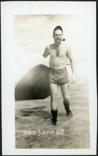 Shirtless Burly Man In Swimsuit Smoking Pipe At The Beach Vintage Gay Int Photo