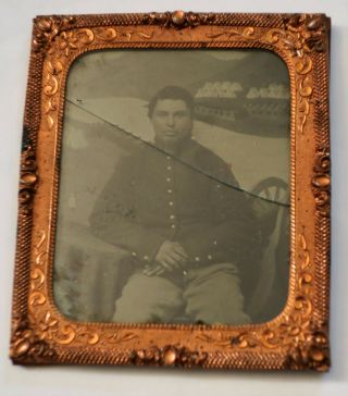 Rare Antique Civil War Tintype Photograph 16 Year Old Enlisted Gold Tone Frame