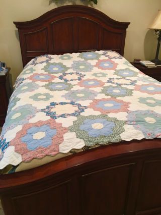 Vintage Handmade Quilt In Grandmas Flower Garden Pattern.  Size 78” X 80”