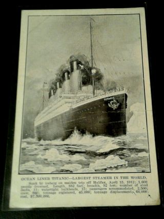 Vintage Pm 1912 Titanic Postcard Stamp Note Ocean Liner Largest Steamer Ship Ss