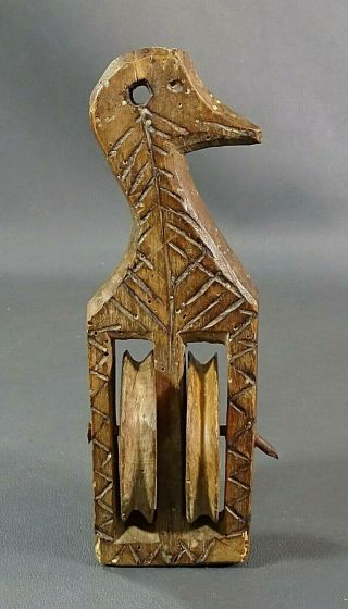 Antique Primitive Weaving Loom Part Wooden Carved Heddle Pulley Figural Bird
