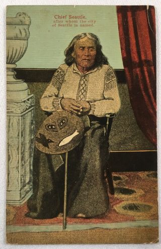 C1913 Chief Seattle Great Hat Native American Indian Tinted Postcard