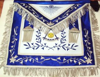 Masonic Hand Embroider Past Master Apron Blue Silk Border Silver Embroidery