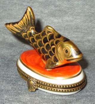 Limoges France Hinged Trinket Box Fish With Gold Accents On Head,  Fins And Scales