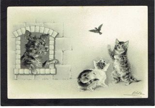 Helena Maguire Artist Old Postcard Shaggy Dog & Kitten Cats Watching Bird Emboss