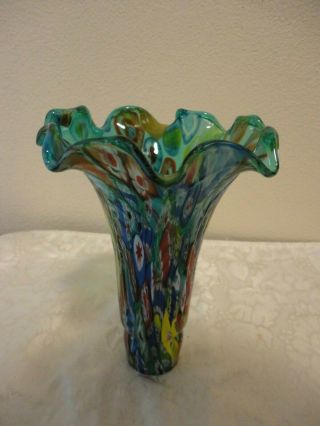 Murano Millefiori 6 " Blown Teal Art Glass Shade Trumpet Lily Tulip 1 - 1/2 " Fitter