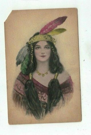 Native Americana Antique Hp Post Card Artist Signed Indian Maiden Portrait