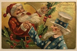 Rare Uncle Sam & Santa Claus Antique Patriotic Christmas Santa Postcard - K - 83