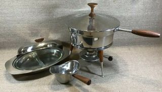 Set 3 Sheffeild Fondue Pot Pouring Cup & Serving Dish W Glass Relish Dish