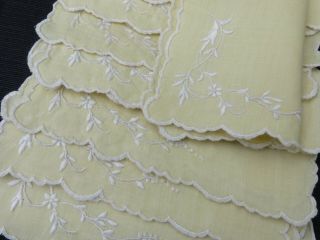 Vtg Antique 8 Cocktail Napkins Linen Madeira Yellow Tendrils Hand Embroidery