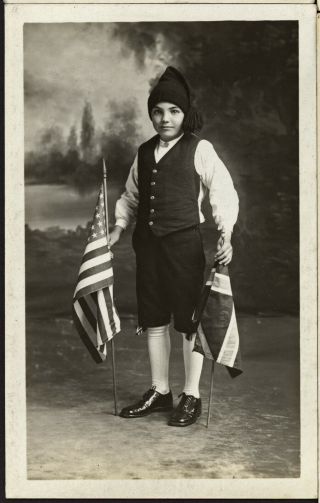 Great C1920s Rppc Studio Portrait Young Boy Holding Norwegian & American Flags