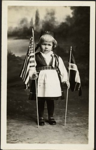 Great C1920s Rppc Studio Portrait Small Girl Holding Norwegian & American Flags
