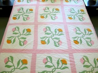 Vintage Hand Sewn All Cotton Heavy Applique Quilt,  Flower Buds Pattern
