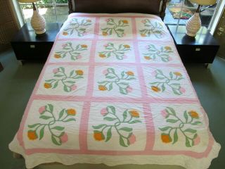 Vintage Hand Sewn All Cotton Heavy APPLIQUE Quilt,  FLOWER BUDS Pattern 2