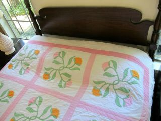 Vintage Hand Sewn All Cotton Heavy APPLIQUE Quilt,  FLOWER BUDS Pattern 4