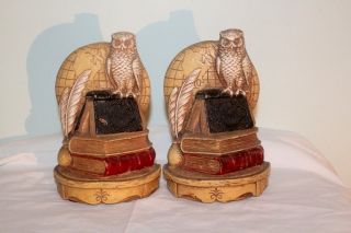Vintage Syroco Wood Book Ends Owl With Globe & Books