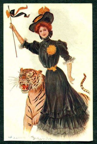 Victorian Girl With Tiger Archie Gunn Old Postcard Undivided Back