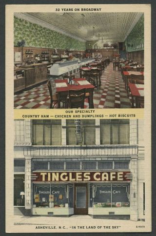 Asheville Nc: C.  1940 Linen Postcard Tingles Cafe Diner Interior - Exterior Views