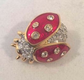 Swarovski Pave Crystal Rhinestone Swan Signed Jewel Enamel Ladybug Pin Brooch