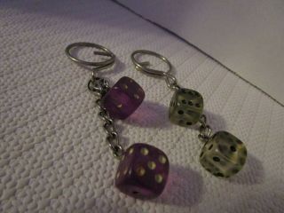 Vintage Set Of 2 Dice Key Chains Clear W/black Dots And Purple W/white Dots