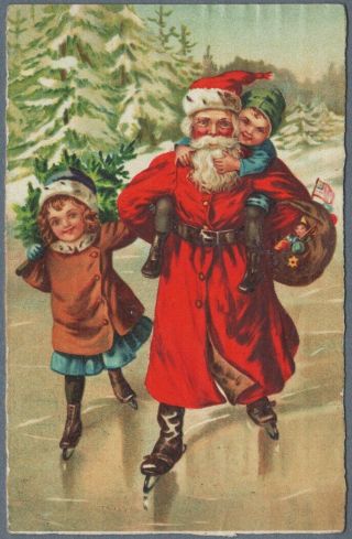 Old Christmas Postcard Red Dresses Santa Claus Skating With Children