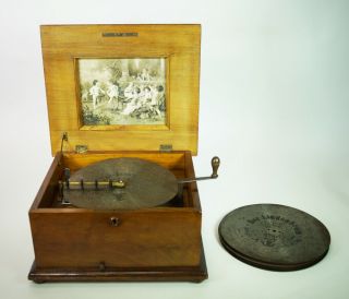Antique Polyphon Disc Music Box With 9 Discs Including Christmas Music