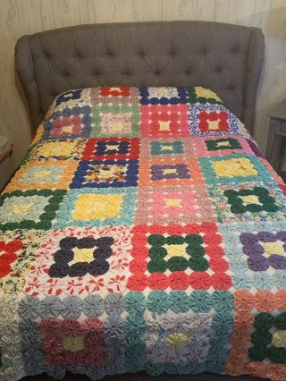 Vintage Handmade Yoyo Patchwork Quilt 75” X 88” Full Size Bed Cover Or Spread