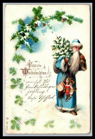 Old German Father Christmas Blue Suited Santa Postcard