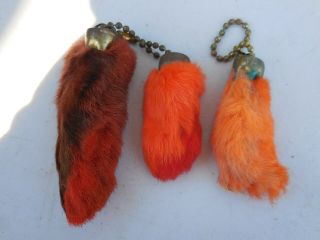 3 Vintage Real Fur Rabbit’s Foot Keychain Lucky Charm Key Chain