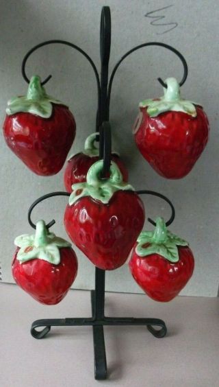 Japan Vintage 6 Strawberry Salt And Pepper Shakers Hanging From Metal Rack
