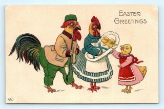 Postcard Easter Greetings Fantasy Dressed Rooster Chicken Family Baby Chicks I4