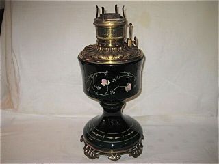 19th C Enameled Green Cased Glass C L & G Co Oil Parlor Banquet Lamp,  No Shade