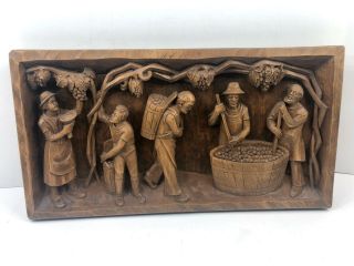 Franco Italy Wood Carving Picture 3d Wine Making Scene Men Grape Harvest 18 "