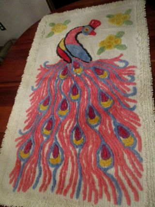 Vintage Chenille Pink Peacock Yellow Flowers Throw Rug 28 X 48 "