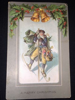 Vintage Postcard Santa Claus Green Suit Skiing Merry Christmas Germany