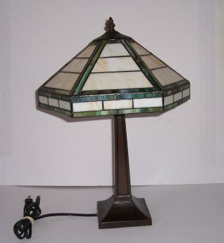 Leaded Slag Glass Desk Table Lamp Art Deco Style Six Sided Shade
