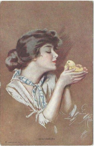 Harrison Fisher Confidences Girl With Baby Chick Bird Vintage Postcard