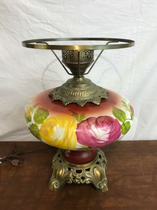 Vtg Hand Painted Gone With The Wind Lamp Parlor Banquet Floral Pink Yellow Rose