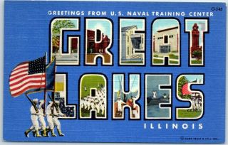 1940s Great Lakes Illinois Large Letter Postcard U.  S.  Naval Training Center Wwii
