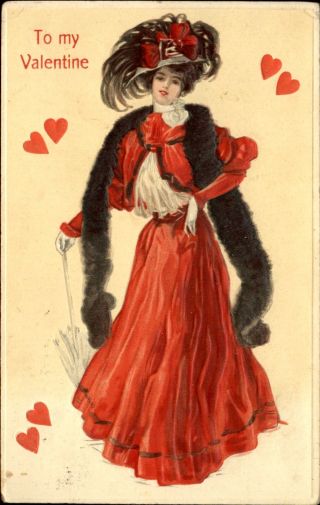 Valentine Victorian Woman Red Dress Fur Stole Fashion Parasol 1911 Fordahl