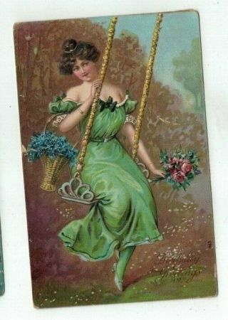 Antique 1909 Embossed Birthday Post Card Lady On A Swing With Flowers